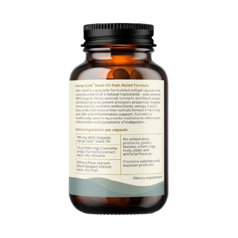 Pain Relief with Hemp Gold Seed Oil 60 Capsules side view